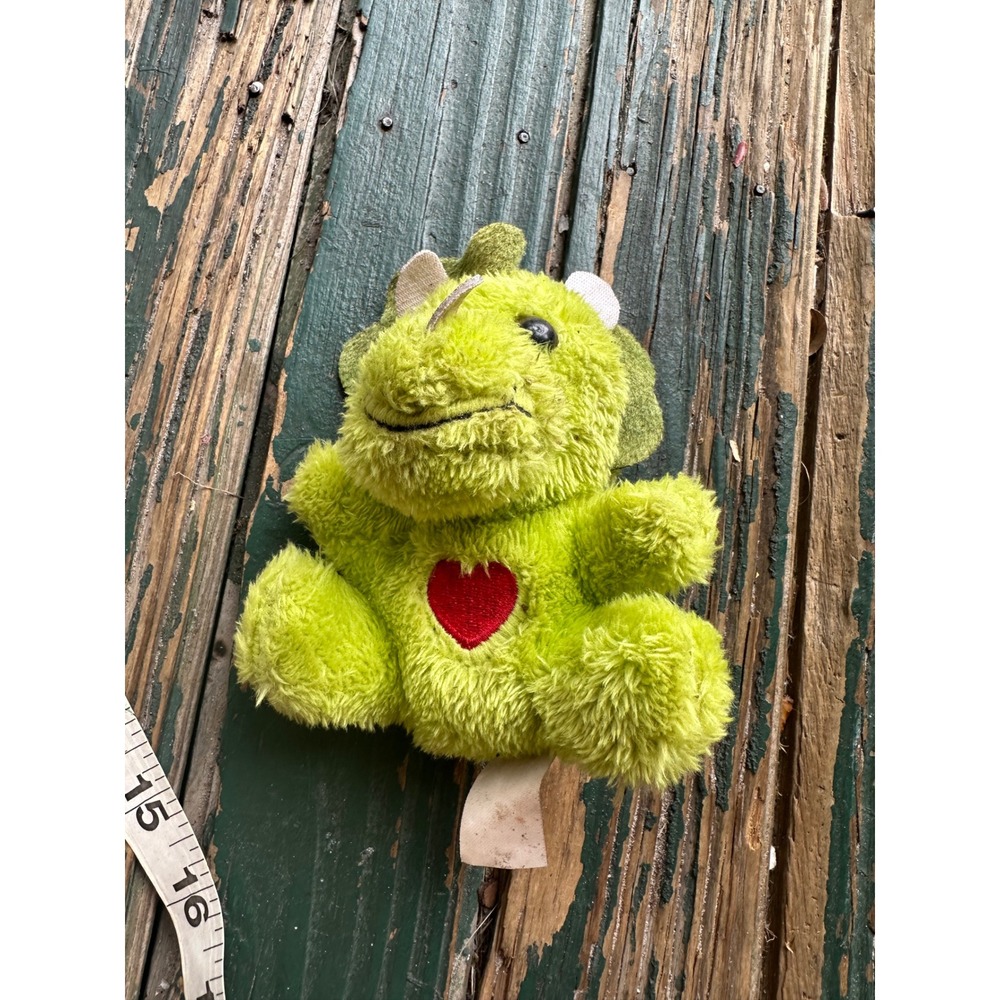 Vintage Lime Green Triceratops Dinosaur Plush with Red Heart 5 Inch Small Toy